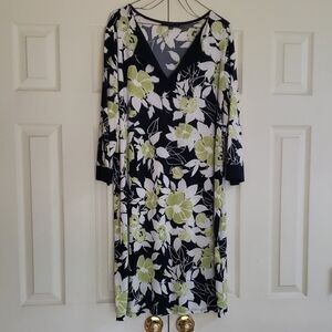 Tiana B. Navy Blue and Lime Green Floral V-Neck Dress with Elbow Length Sleeves